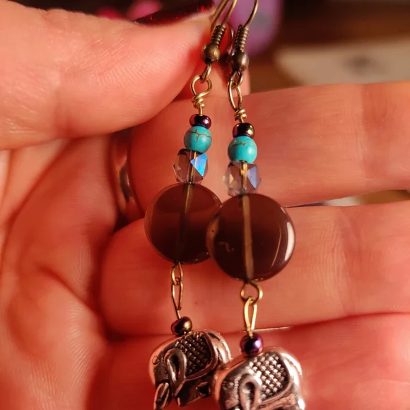 Smokey Quartz, Elephant Charm, Dyed Howlite Earrings - Picture 16 of 16